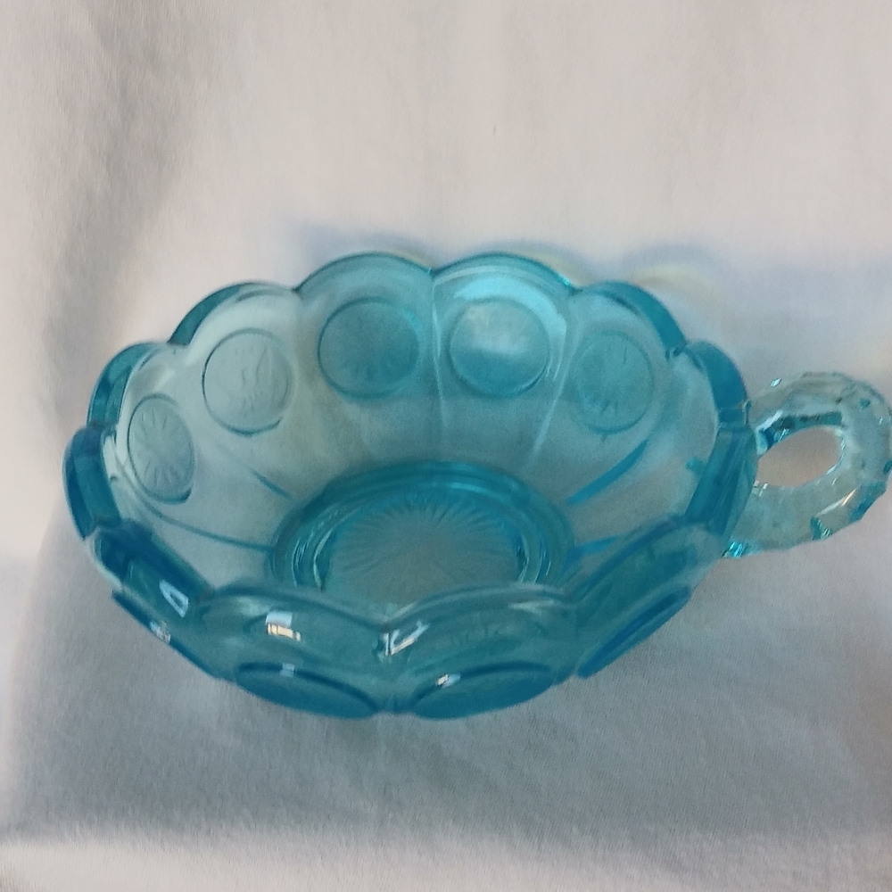 Vintage Fostoria Blue Coin Glass Nappy Dish w/handle